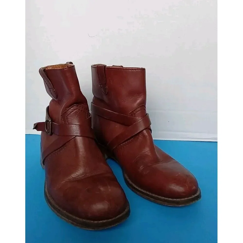 Vintage Brown Leather Ankle Boots‎ with Wrap-Around Buckle Strap Combat Style